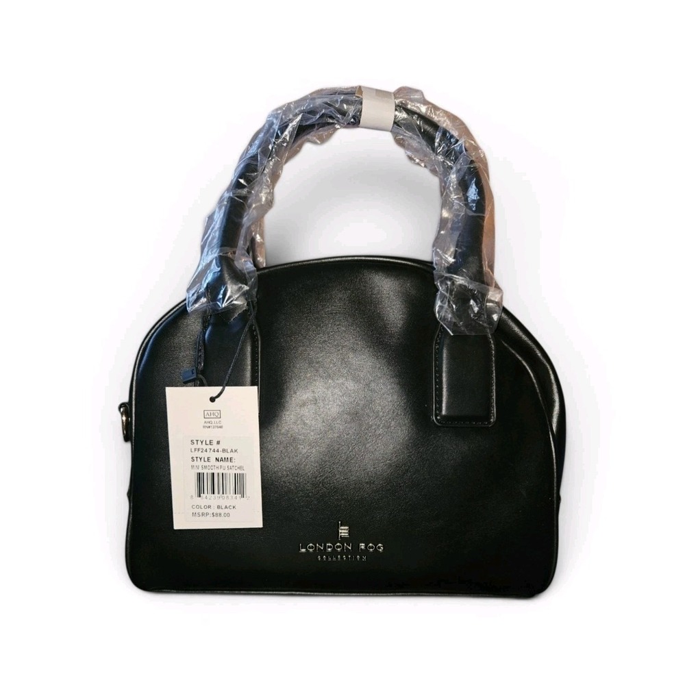 London Fog Black Dome Satchel Top Handle Bag Zip Closure Detachable Strap